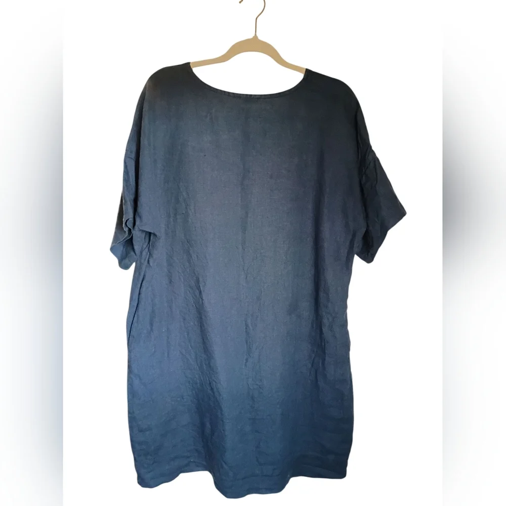 Linen Sea 100% Linen Sheath Shift Dress Blue Handmade Made in Lithuania L/XL - Picture 2 of 4